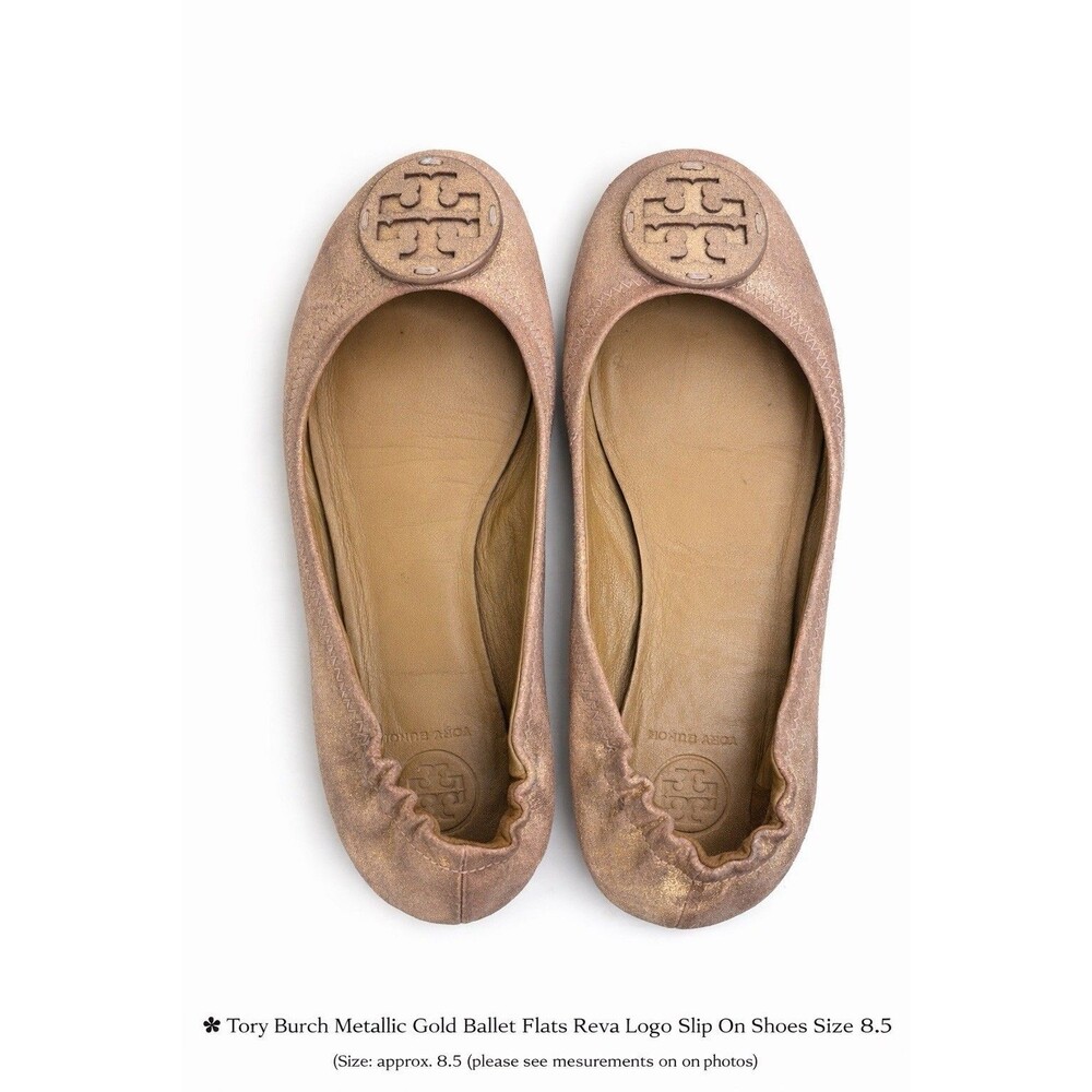 Tory Burch Metallic Gold Ballet Flats Reva Logo Slip On Shoes Size 8.5